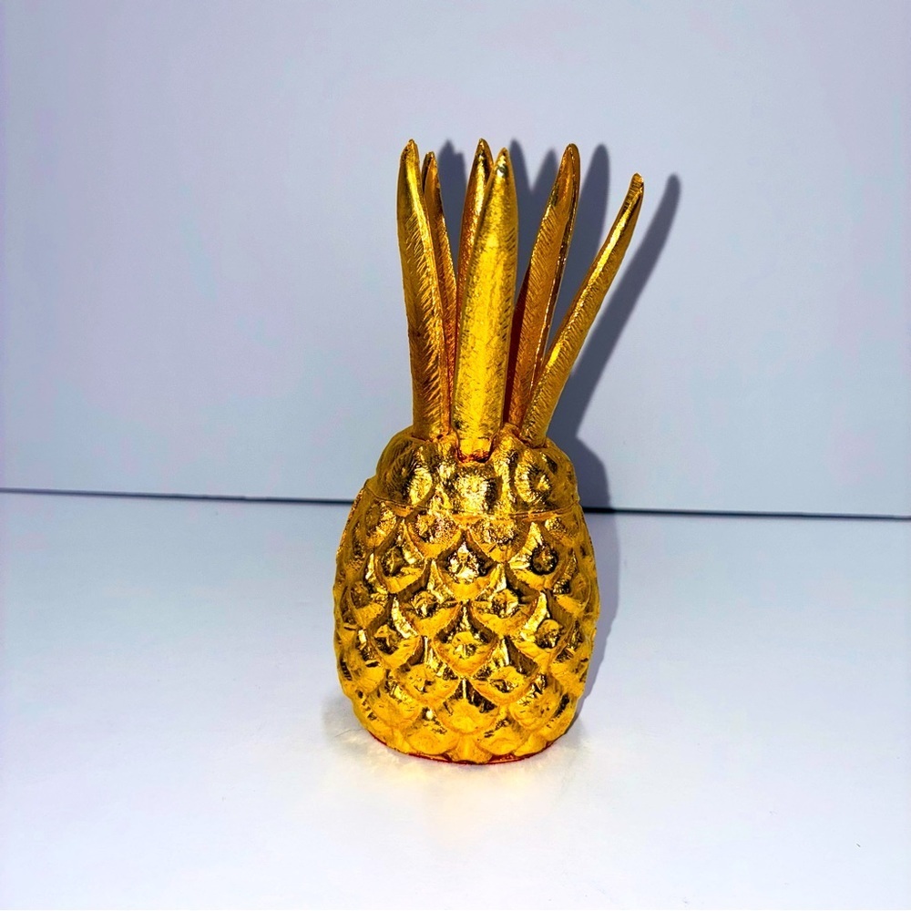 Antique Gold Gilded Pineapple Holder With 6 Leaf Shaped Appetizer Forks
